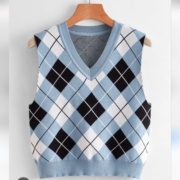 SHEIN Argyle Crop Sweater Vest Size M 8/10 Blue Gray 2984-ad - Picture 1 of 10